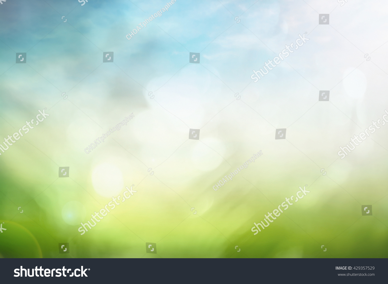 World environment day concept: Abstract blurred beautiful green nature with blue sky and white clouds wallpaper background #429357529