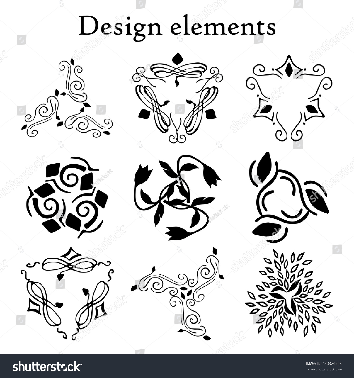 Design elements set, patterns, finials three-pointed. Vector. On a white background. Set of 9 calligraphic elements. #430324768