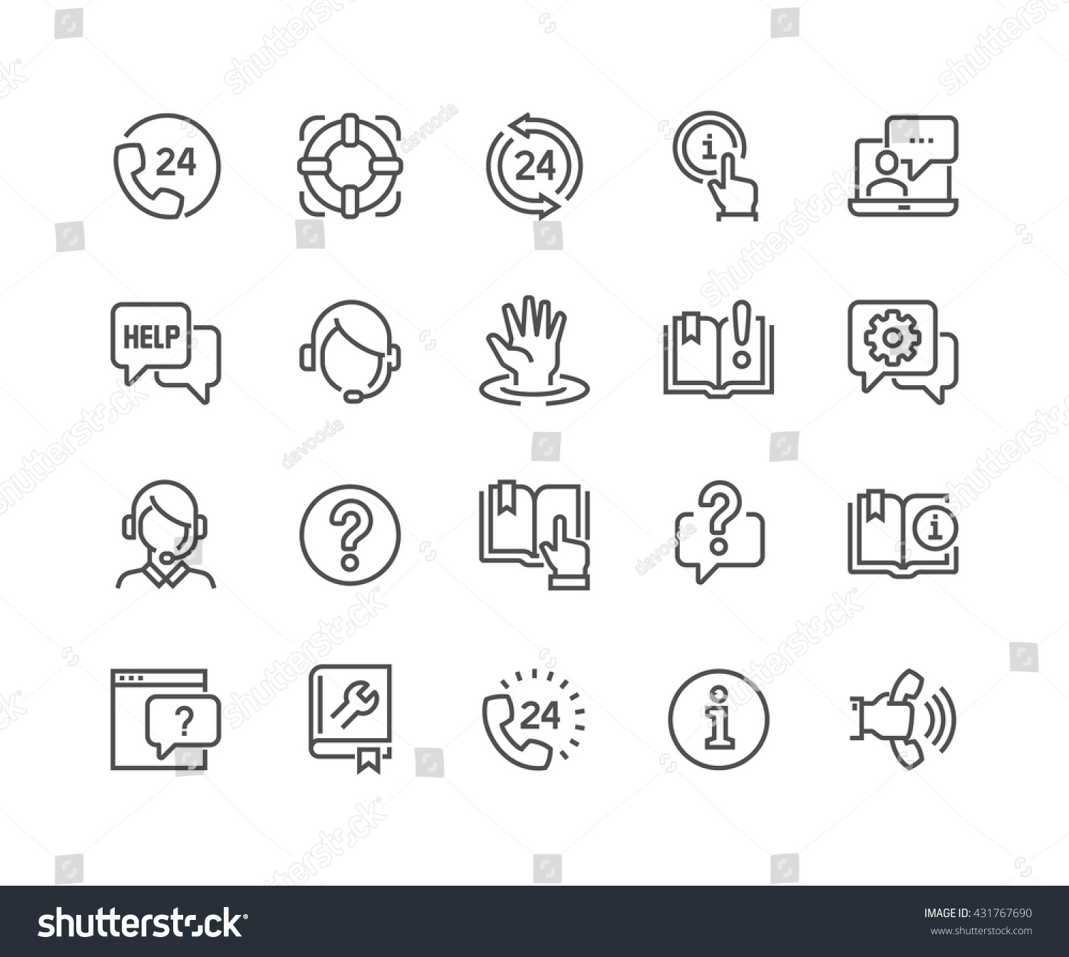 Simple Set of Help and Support Related Vector Line Icons. 
Contains such Icons as Phone Assistant, Online Help, Video Chat and more.
Editable Stroke. 48x48 Pixel Perfect.  #431767690