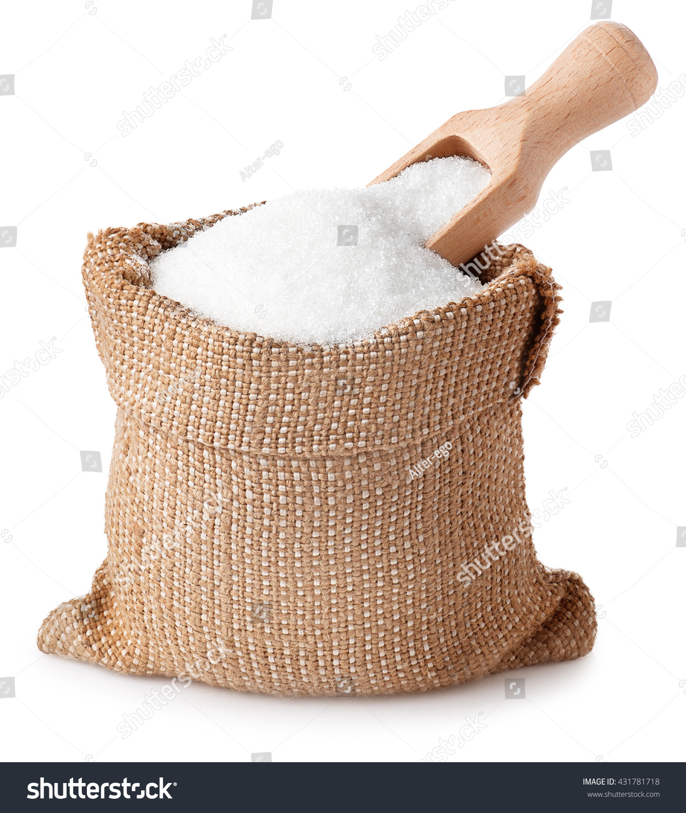 sugar with scoop in burlap sack isolated on white background #431781718