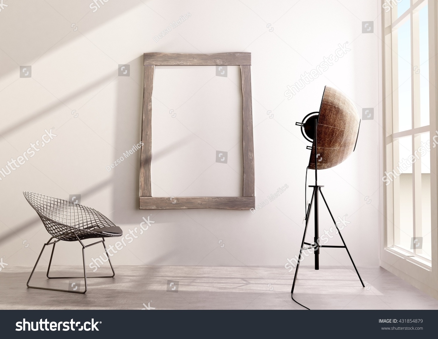 Picture mock-up in the wooden frame, interior design with palucco lamp #431854879