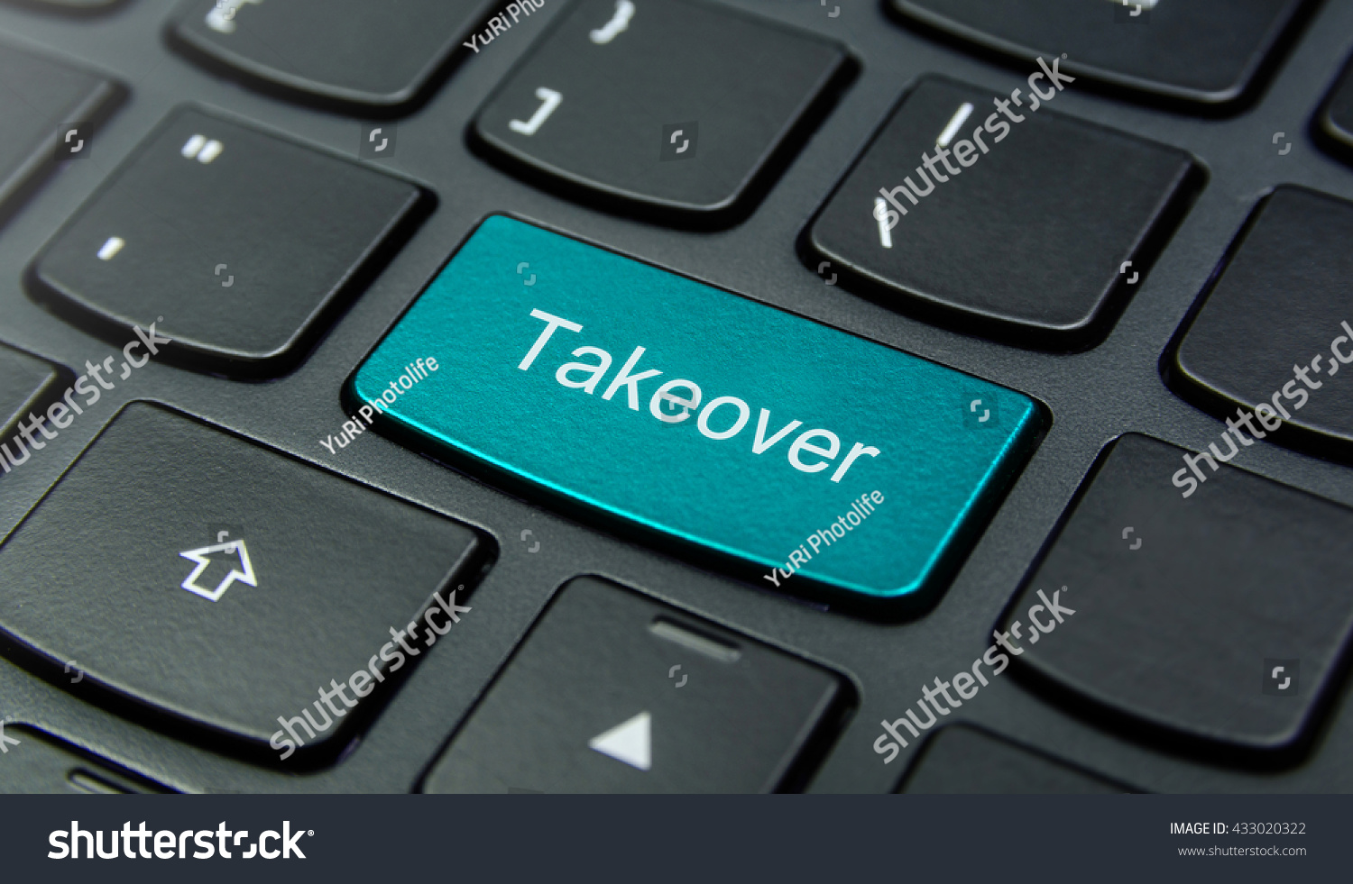 Business Concept: Close-up the Takeover button on the keyboard and have Azure, Cyan, Blue, Sky color button isolate black keyboard #433020322