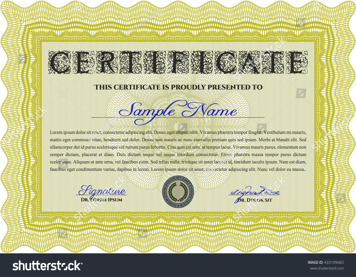 Certificate template or diploma template. Superior design. Vector pattern that is used in currency and diplomas.Complex background. Yellow color. #433109683