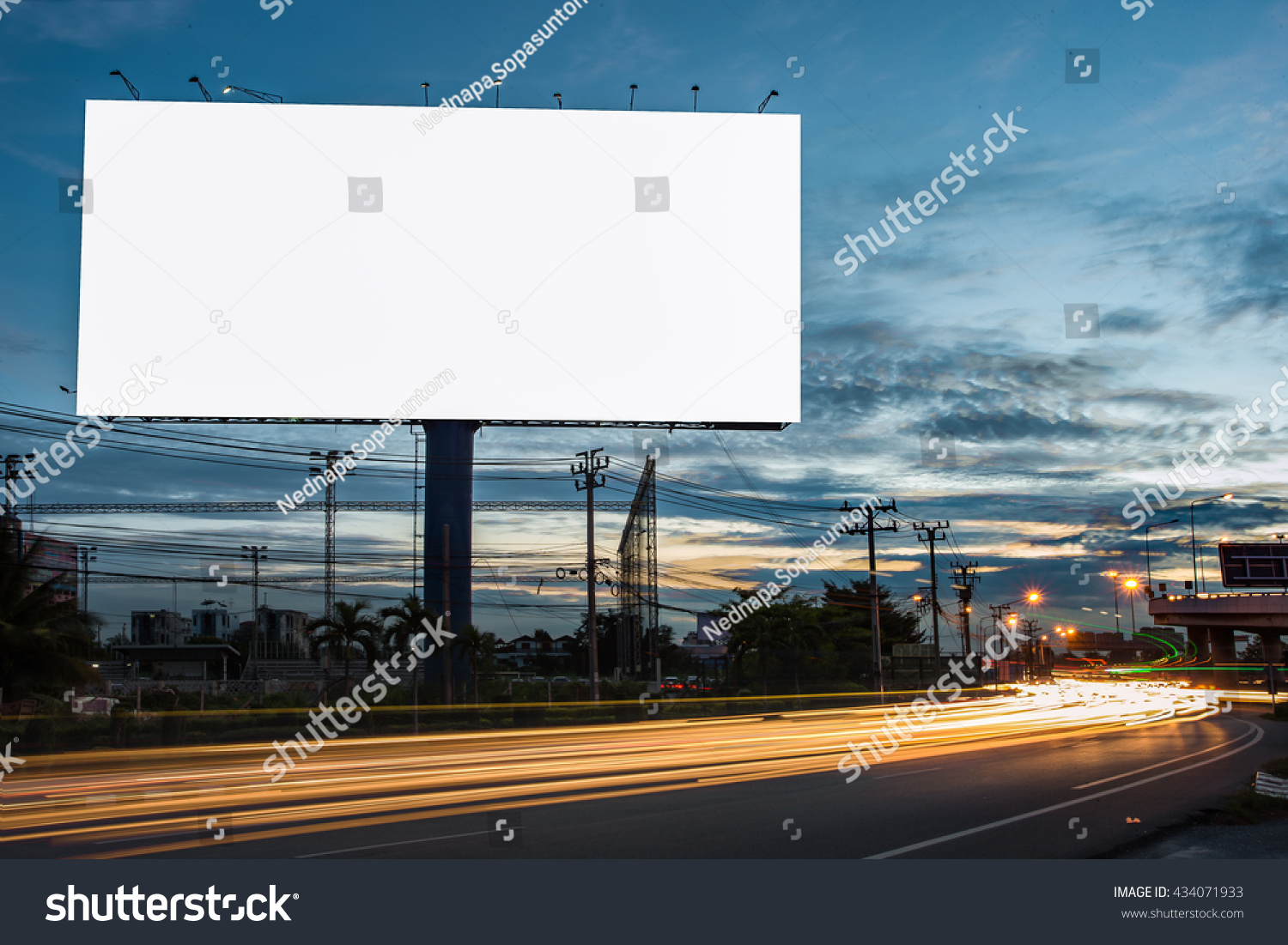 billboard blank for outdoor advertising poster or blank billboard at night time for advertisement. street light #434071933