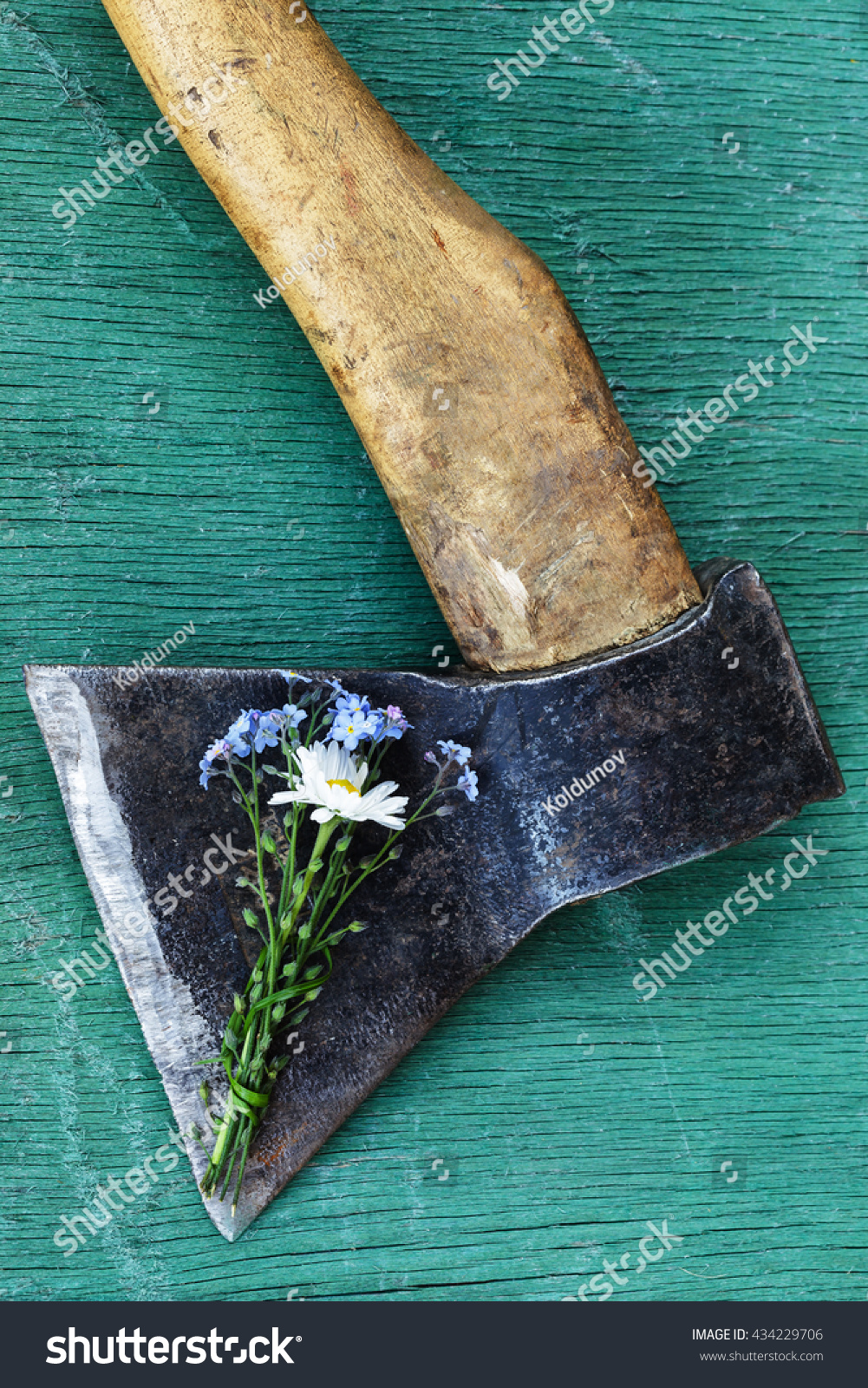 Beautiful bouquet of flowers covering the old rough ax. Bury the hatchet. #434229706