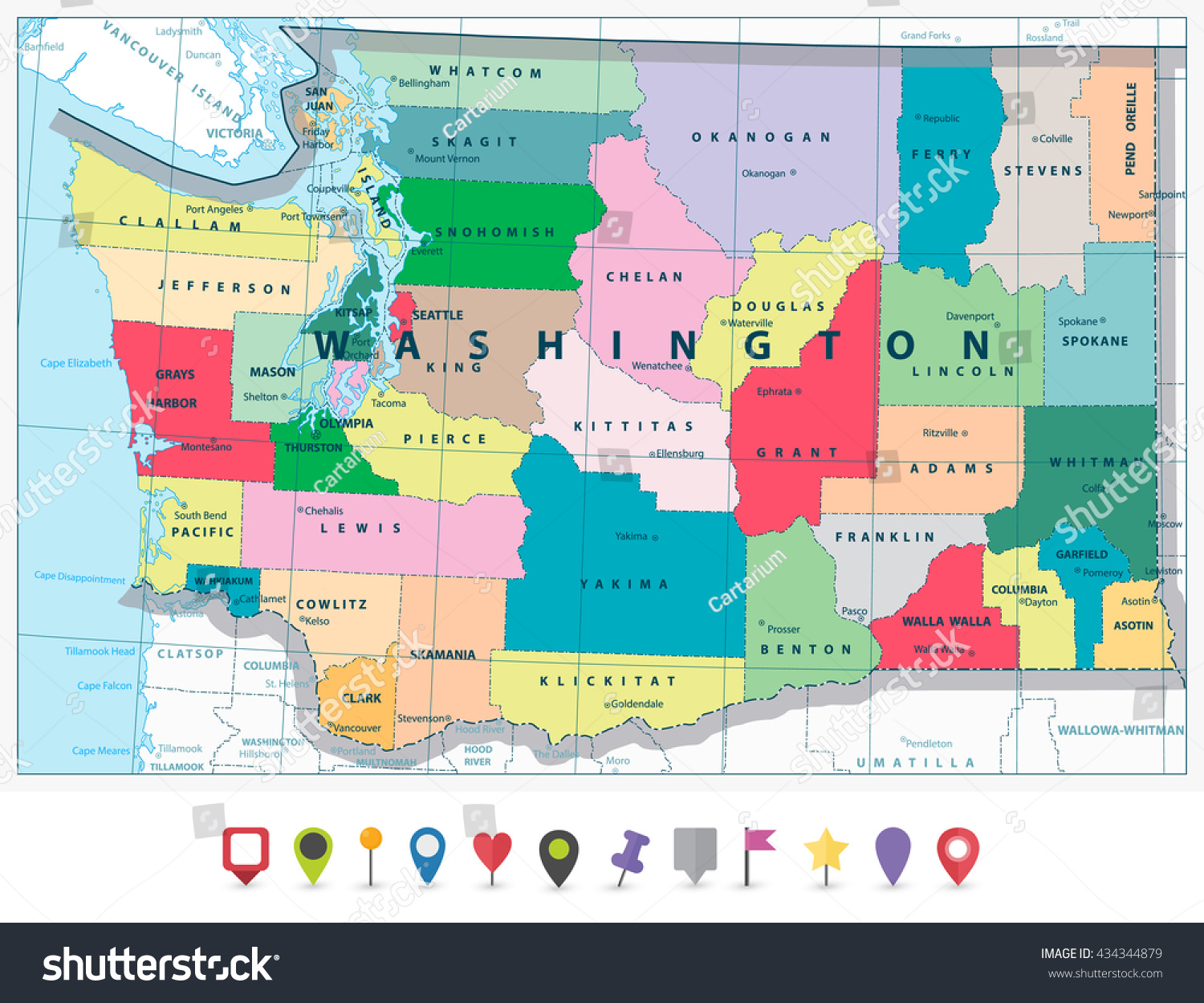 Washington state political map and flat icon set - Royalty Free Stock ...