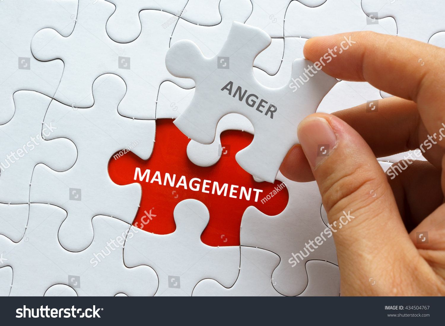 Hand holding piece of jigsaw puzzle with word ANGER MANAGEMENT. #434504767