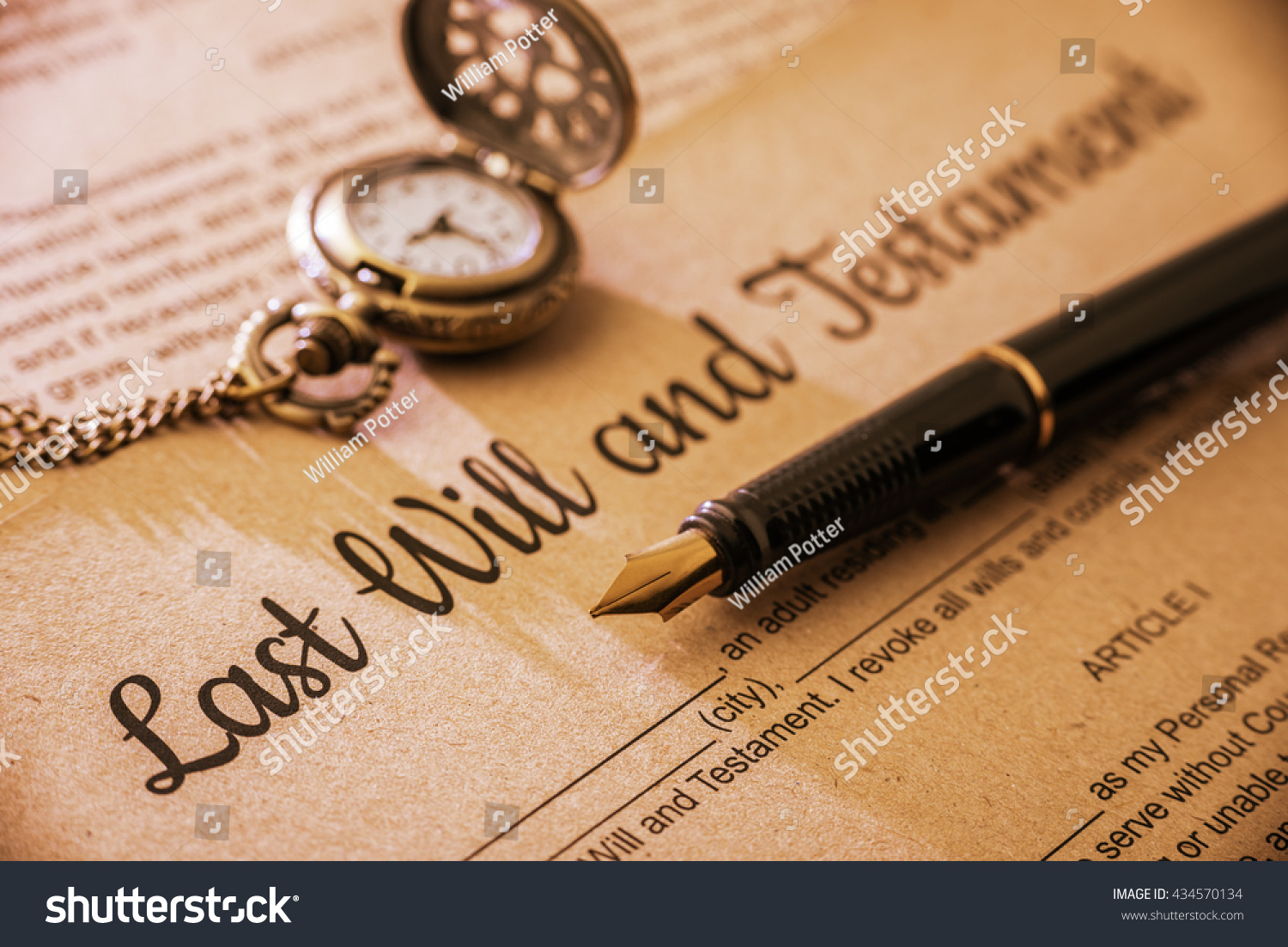 Vintage / retro style with a long shadow : Fountain pen, a pocket watch on a last will and testament. A form is printed on a mulberry paper and waiting to be filled and signed by testator / testatrix. #434570134
