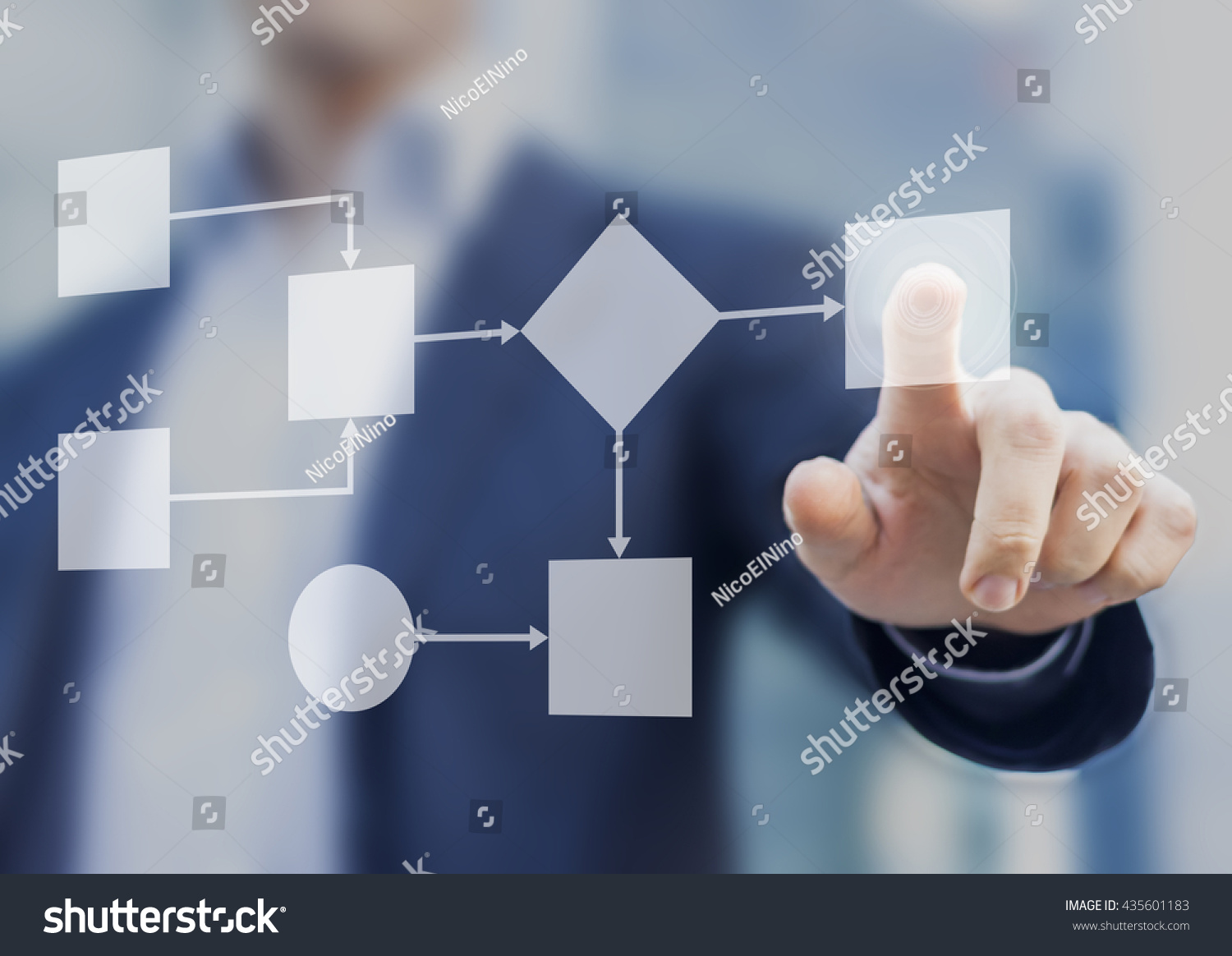 Business process and workflow automation with flowchart, businessman in background #435601183