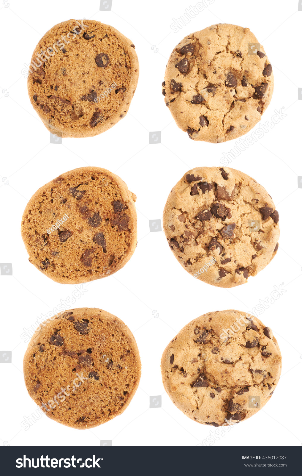 Pile of round cookies with the pieces of chocolate isolated over the white background #436012087