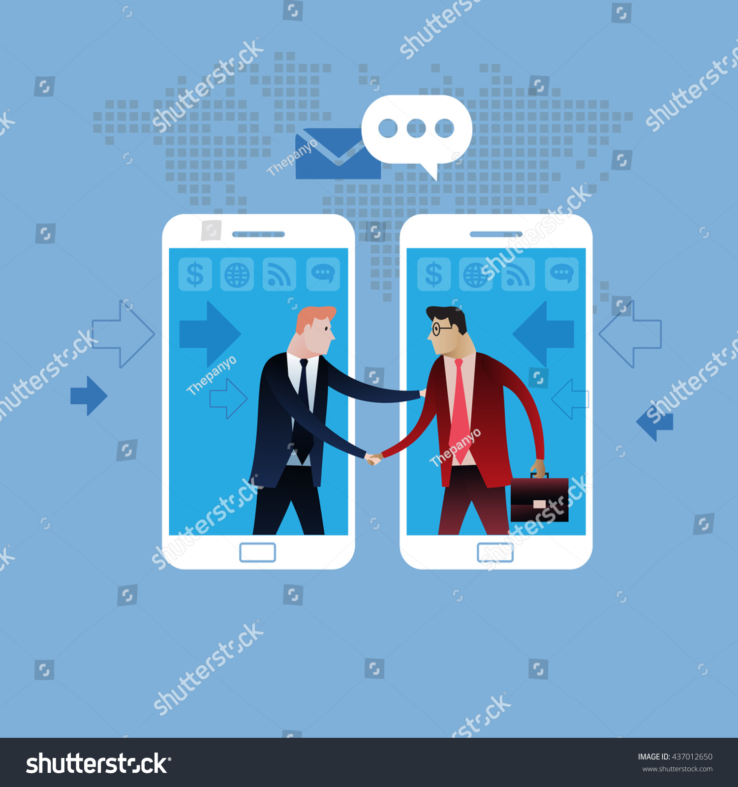 Deal on Mobile phone. Handshake of two business people with cell phone background. On line deal. Business concept illustration vector clip art design #437012650