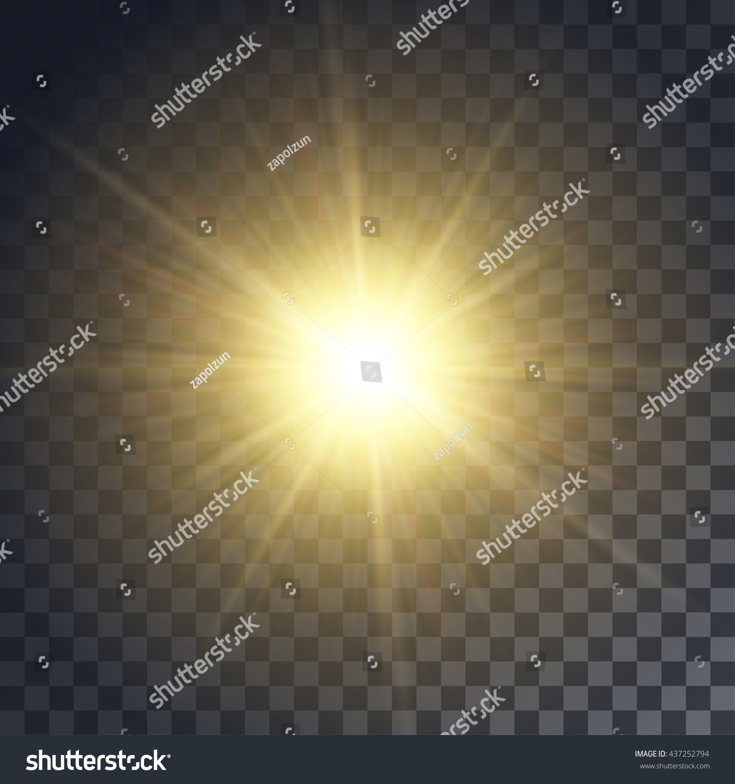 Vector yellow sun with rays and glow on transparent like background. Contains clipping mask. #437252794