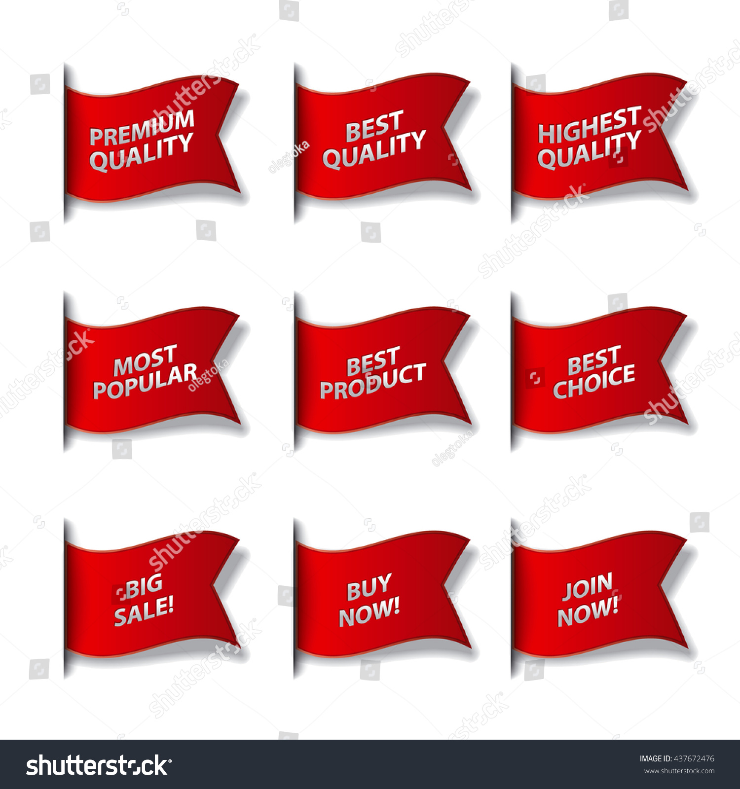 set of different advertising flags and stickers in red color, sale, premium, best and quality #437672476