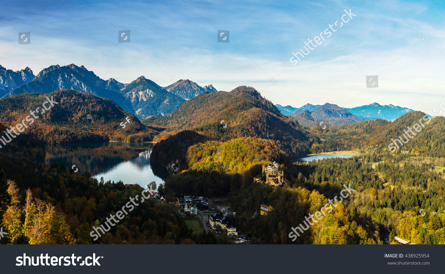 Alps and lakes in a summer day in Germany. Taken from the hill next to  Neuschwanstein castle #438925954