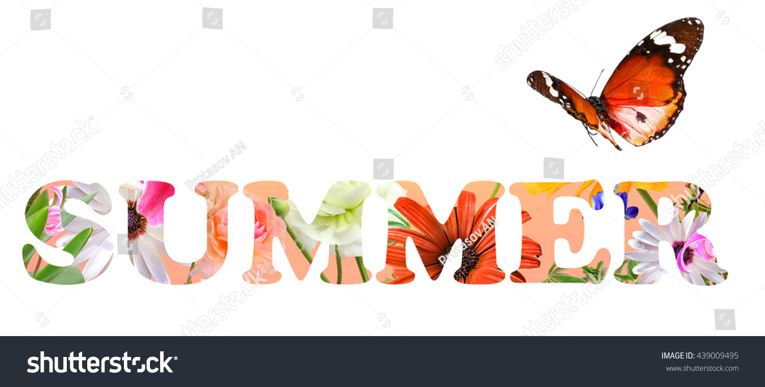 Word SUMMER. Colorful beautiful flowers and butterflies. Nature abstract. Banner.  Isolated on white #439009495