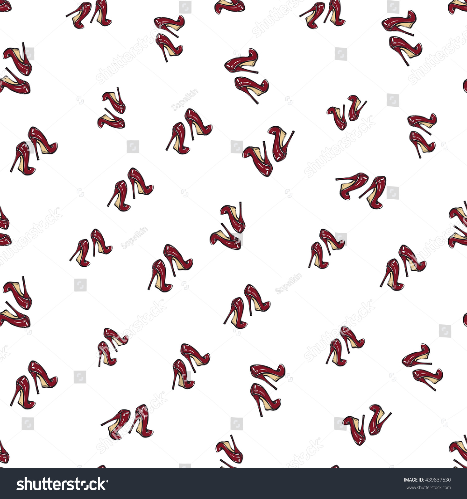 Vector fashion sketch. Hand drawn graphic wine heels. Contrasty glamour fashion seamless pattern in vogue style. Isolated elements on white background #439837630