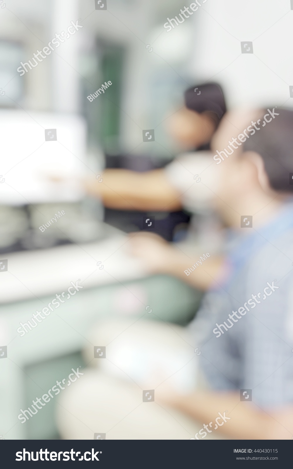 Blur abstract background of female and male scientists discuss for lab result in university research laboratory. Blurry view of lab technologists in science room. Defocus chemists work in hospital. #440430115