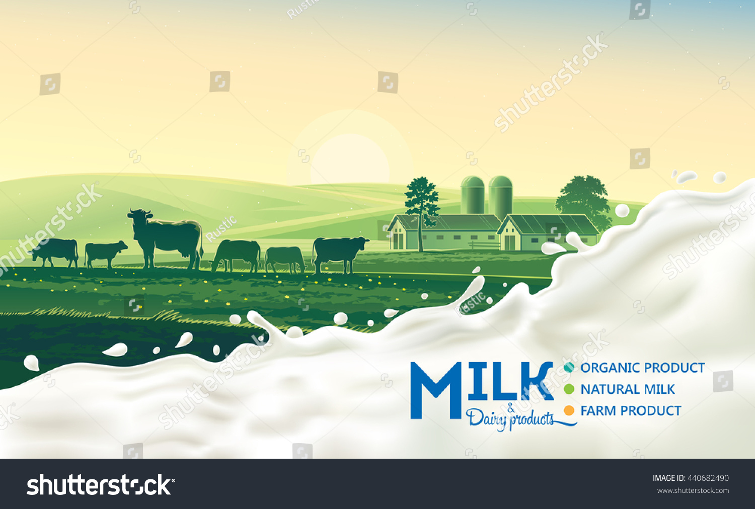 Rural landscape with cow and splash of milk. Morning sun and dawn.  #440682490