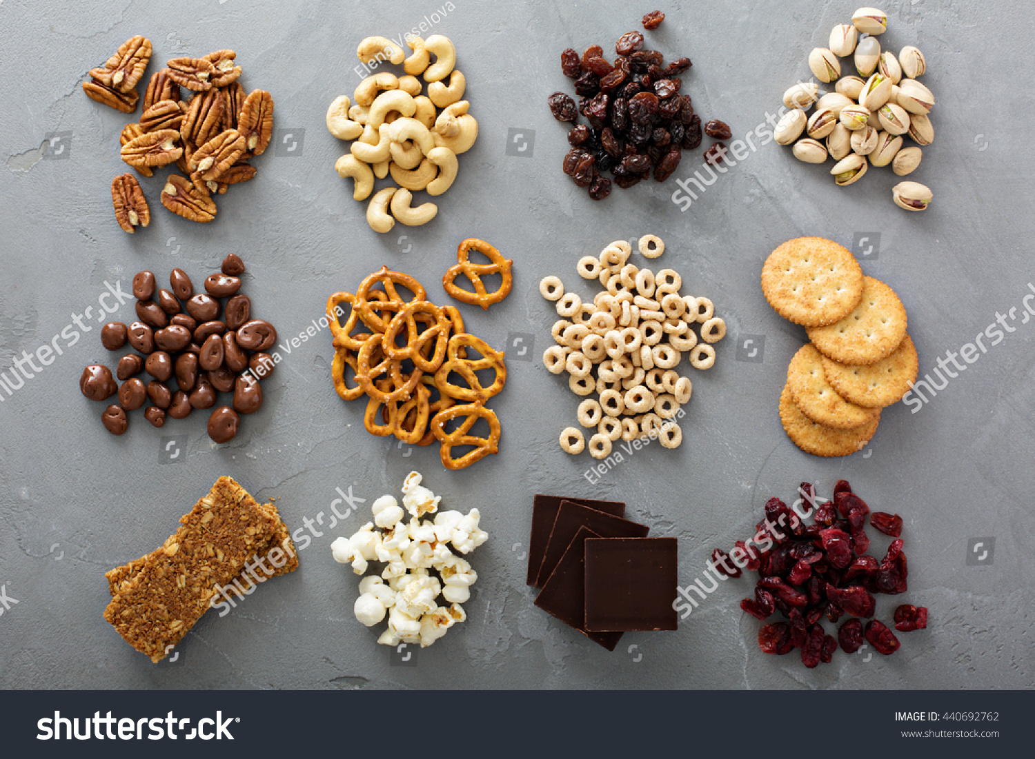 Variety of healthy snacks overhead shot laying on the table #440692762
