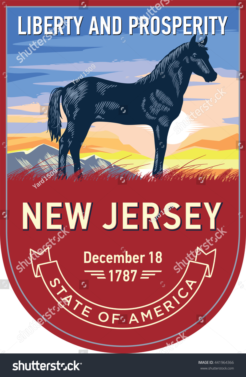 New Jersey state emblem, horse, sunrise on a red - Royalty Free Stock ...