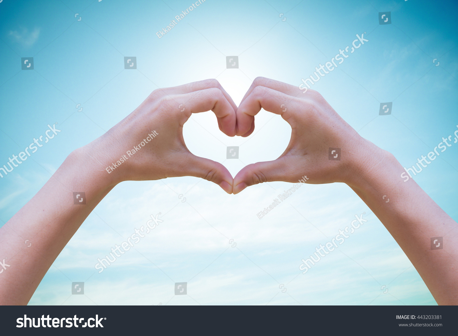 Human hands Heart shaped the sky in the background blurred.Environment Day concept. The power harmonious #443203381