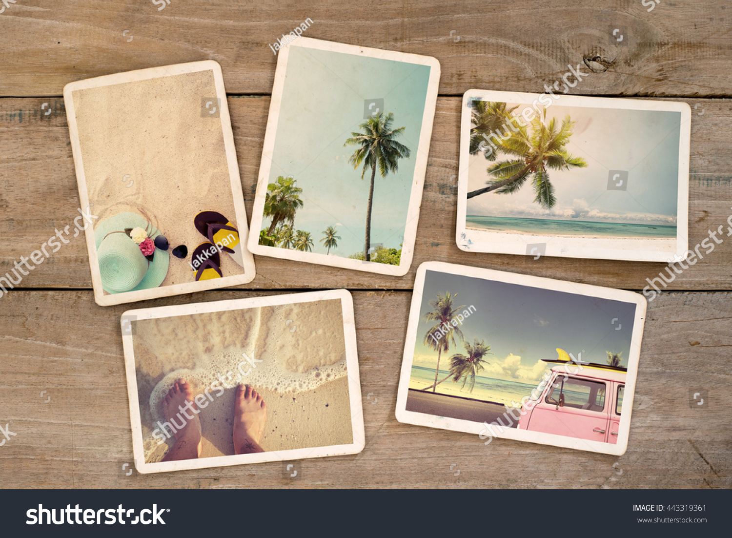 Photo album remembrance and nostalgia journey in summer surfing beach trip on wood table. instant photo of vintage camera - vintage and retro style #443319361
