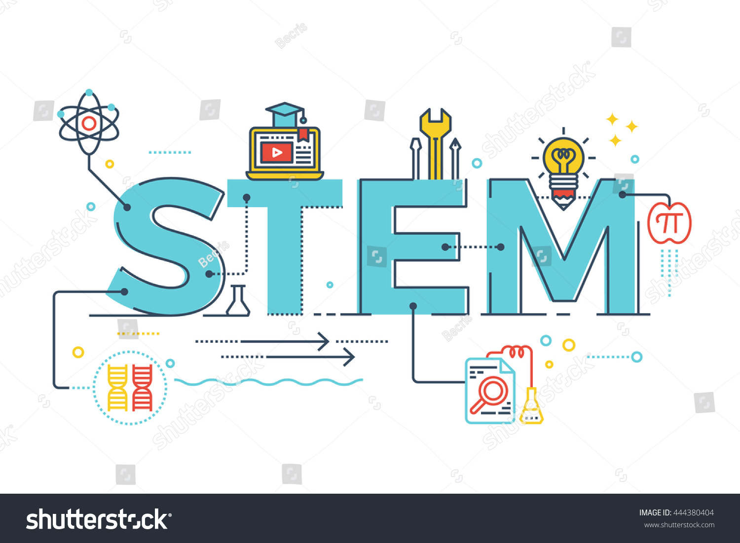 Illustration of STEM - science, technology, engineering, mathematics education word typography design with icons ornament elements #444380404