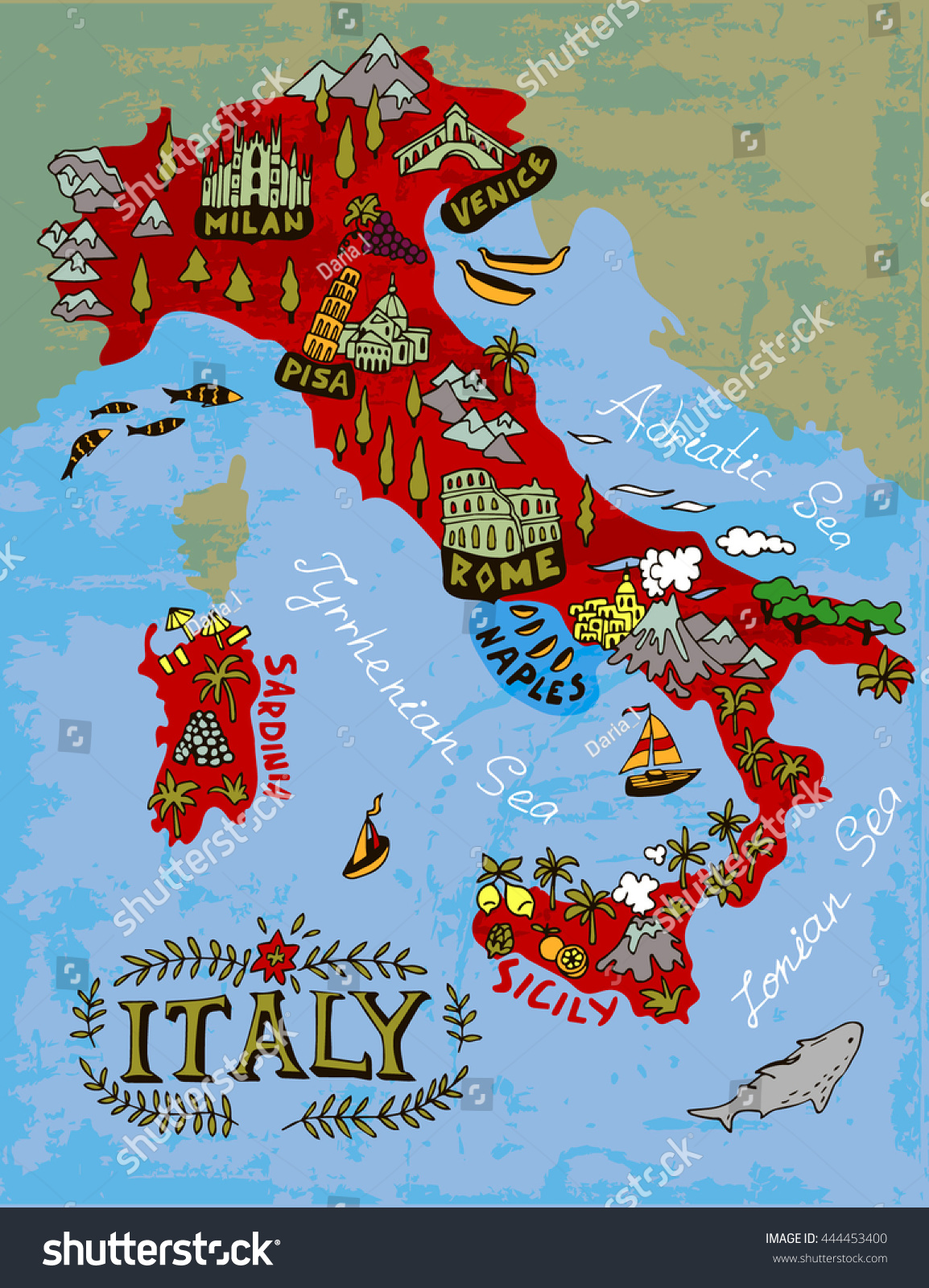 Illustrated Map of Italy. Travel #444453400