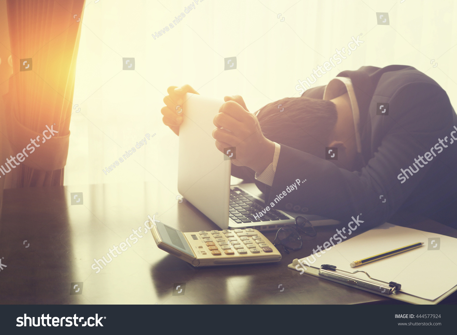 Finance & Business.Office,technology,internet, business,Exhausted businessman falling asleep at his office desk,entrepreneur, trader, tycoon, operator,Frustrated stressed in office,vintage color, #444577924
