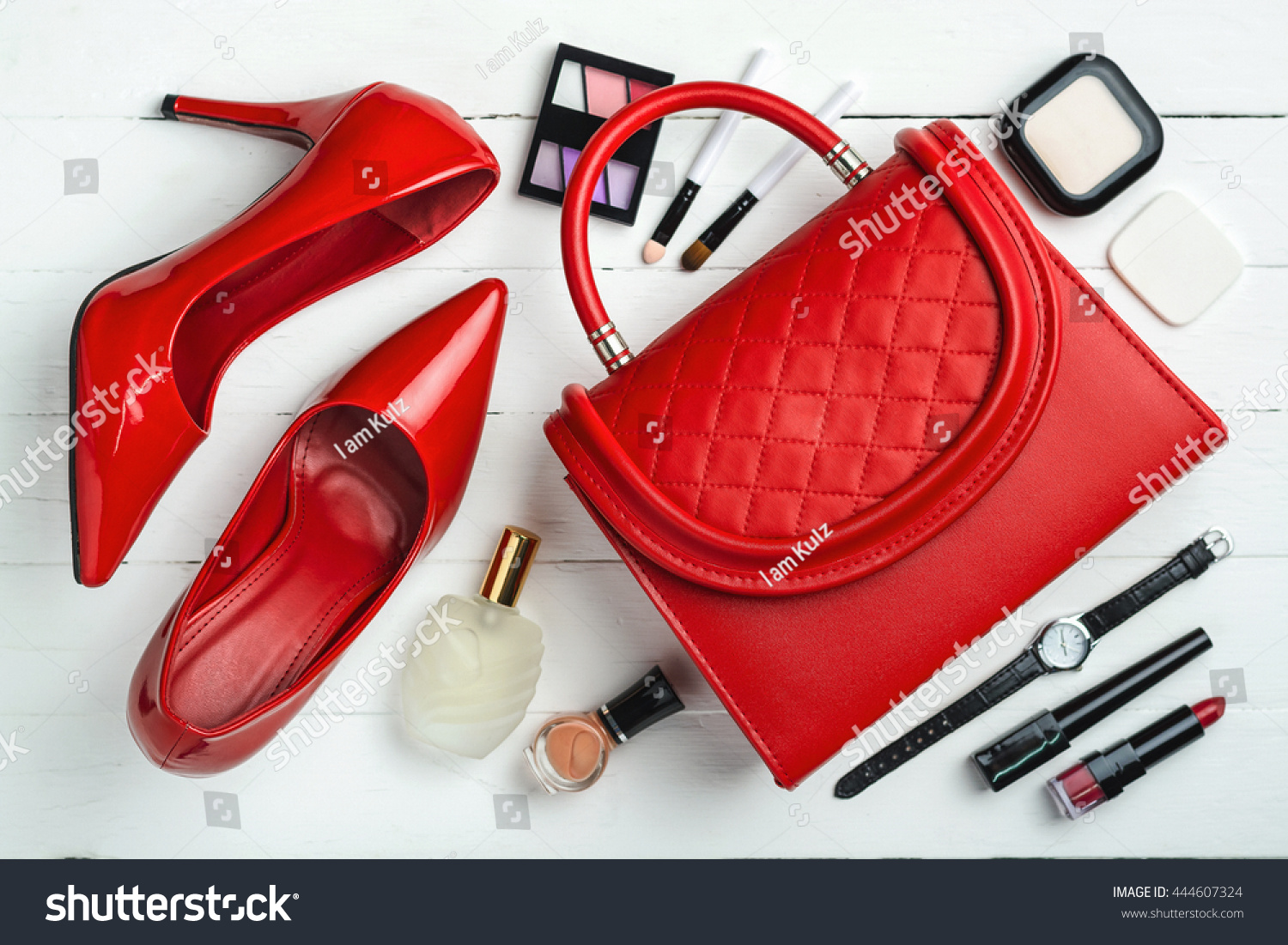 Overhead view of essential beauty items, Top view of red leather bag, red shoes and cosmetic #444607324