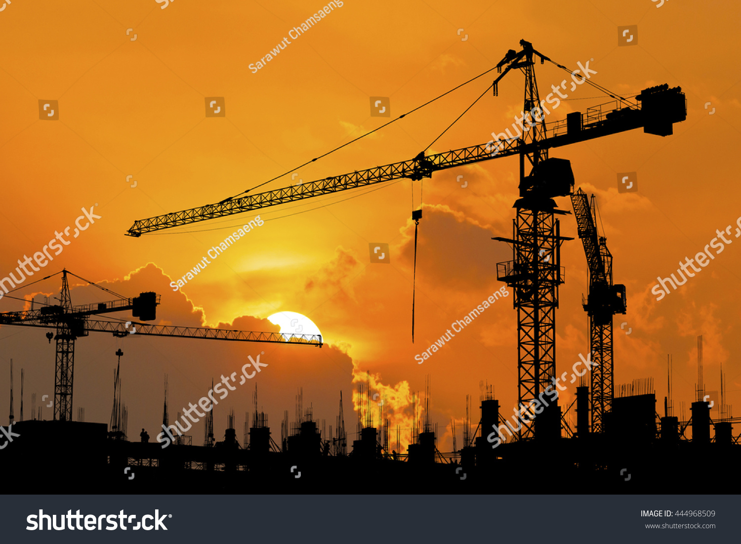 silhouette of construction site crane #444968509