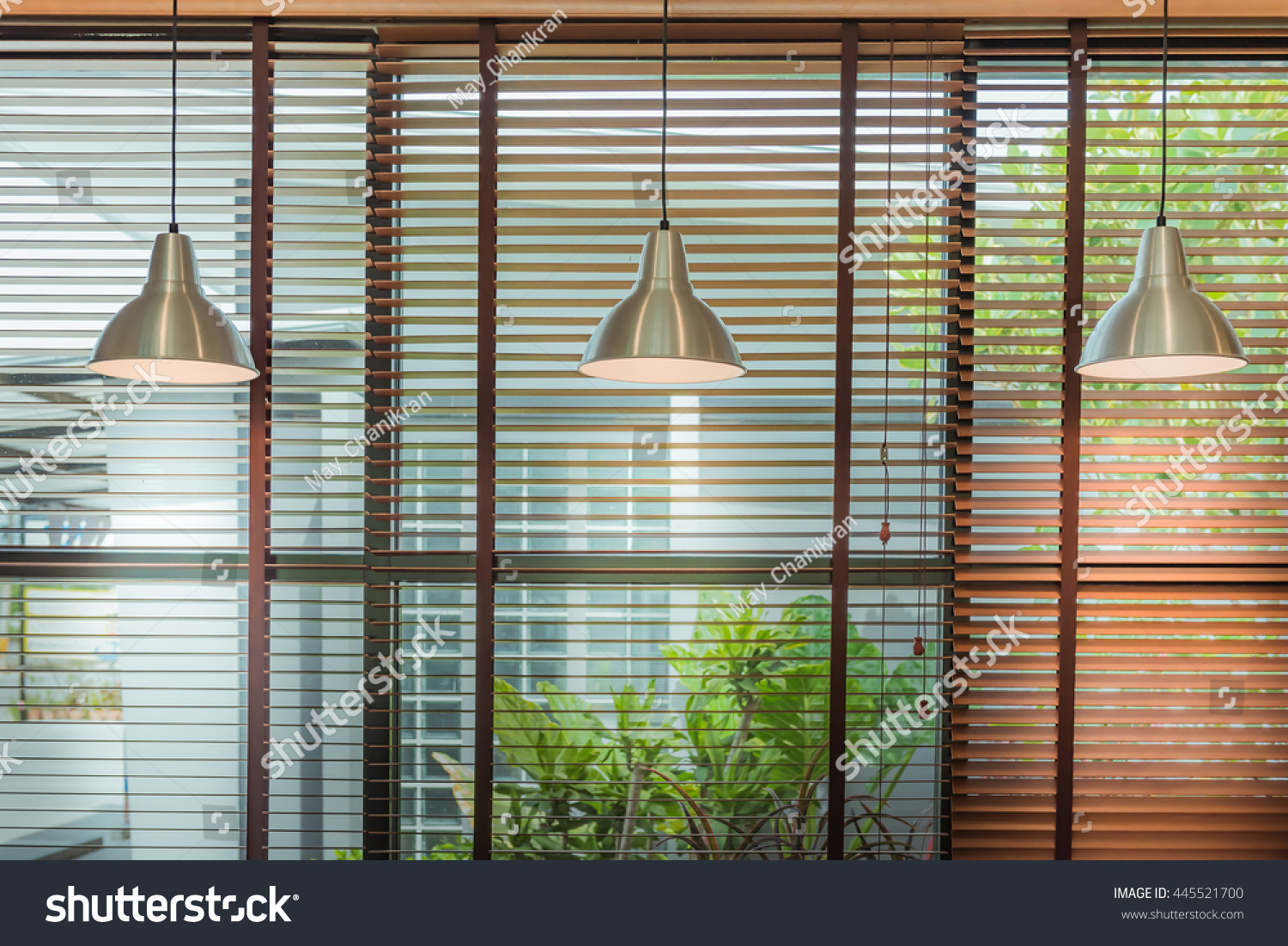 Venetian blind window mask, room interior with ceiling lamp beam, blinds window decoration concept for banner or background. #445521700
