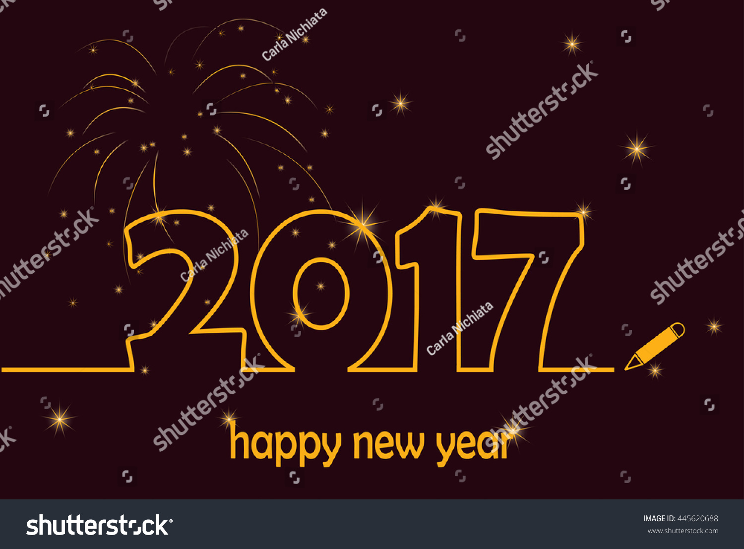 Happy New Year 2017 gold continuous line design with fireworks and sparkles vector design. #445620688