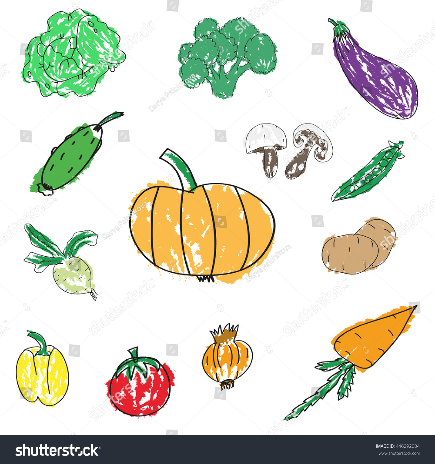 Set of various doodles, hand drawn rough simple sketches of different kinds of vegetables. #446292004