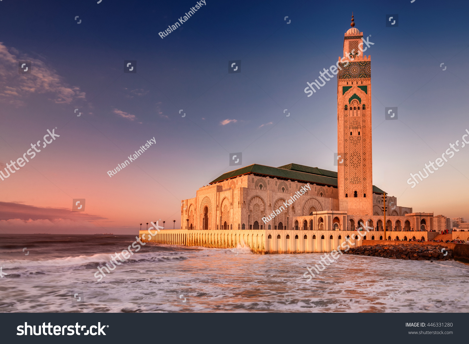 The Hassan II Mosque  largest mosque in Morocco. Shot  after sunset at blue hour in Casablanca. #446331280