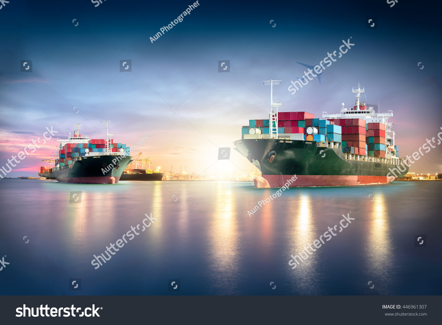 Container Cargo ship with ports crane bridge in harbor and Cargo plane for logistic import export background and transport industry. #446961307