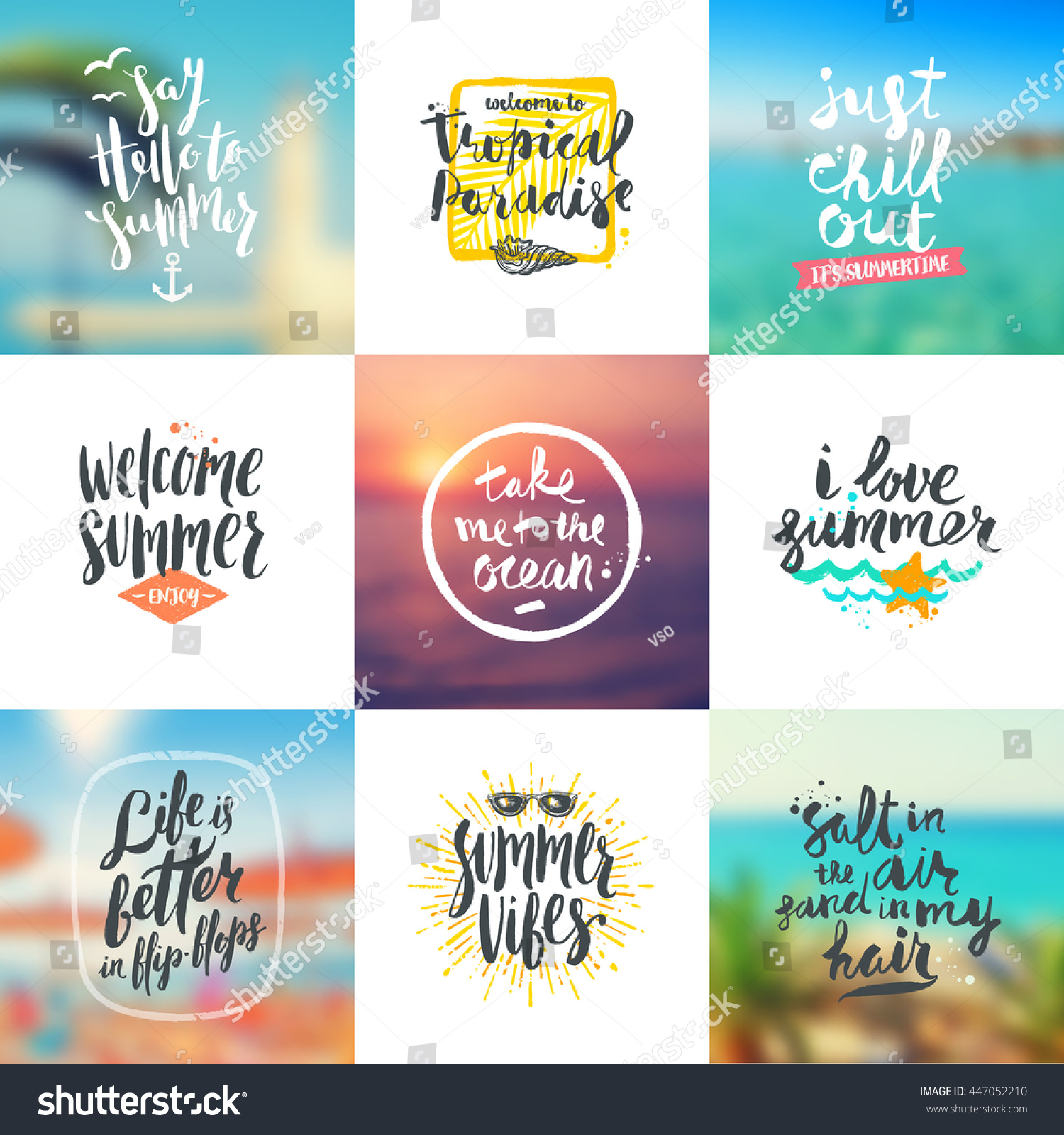 Vector set of summer travel and vacation handwritten calligraphy design on a blurred backgrounds. #447052210