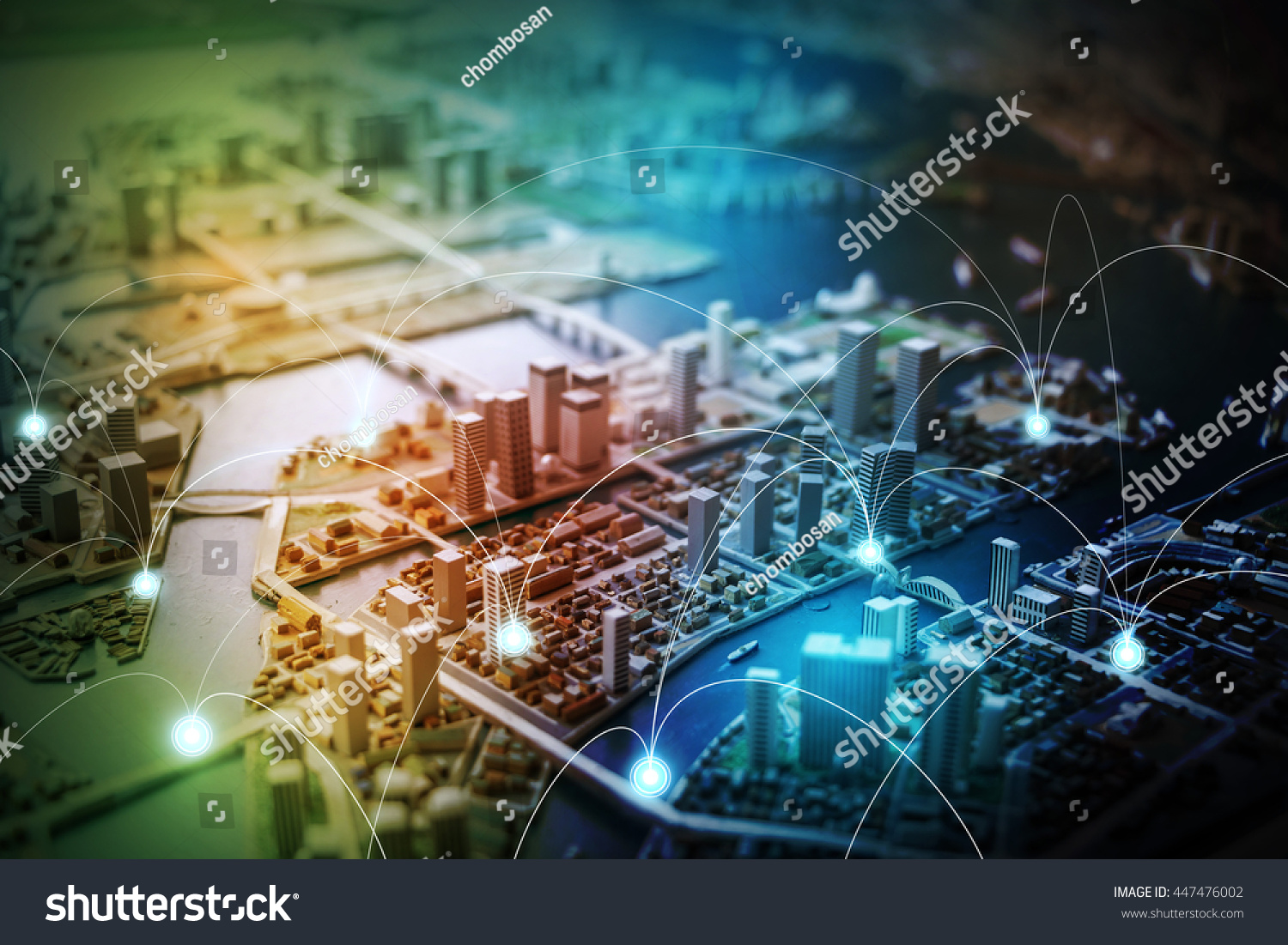 modern city diorama and wireless sensor network, sensor node and connecting line, information communication technology, internet of things, abstract image visual #447476002