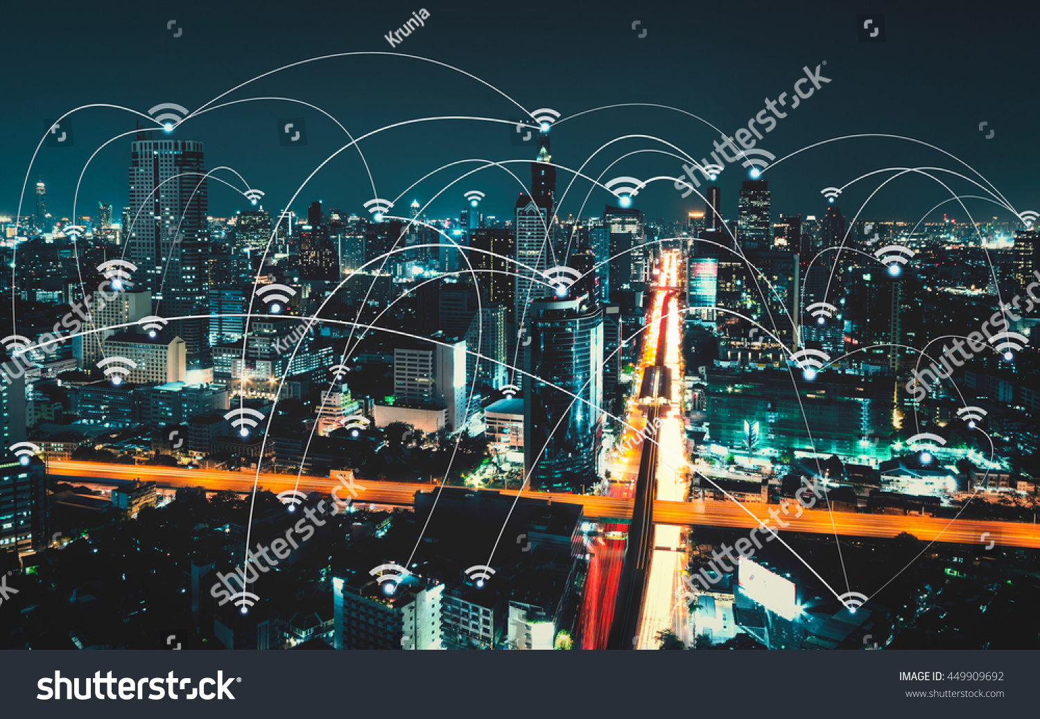 Wifi icon and city scape and network connection concept, Smart city and wireless communication network, abstract image visual, internet of things #449909692