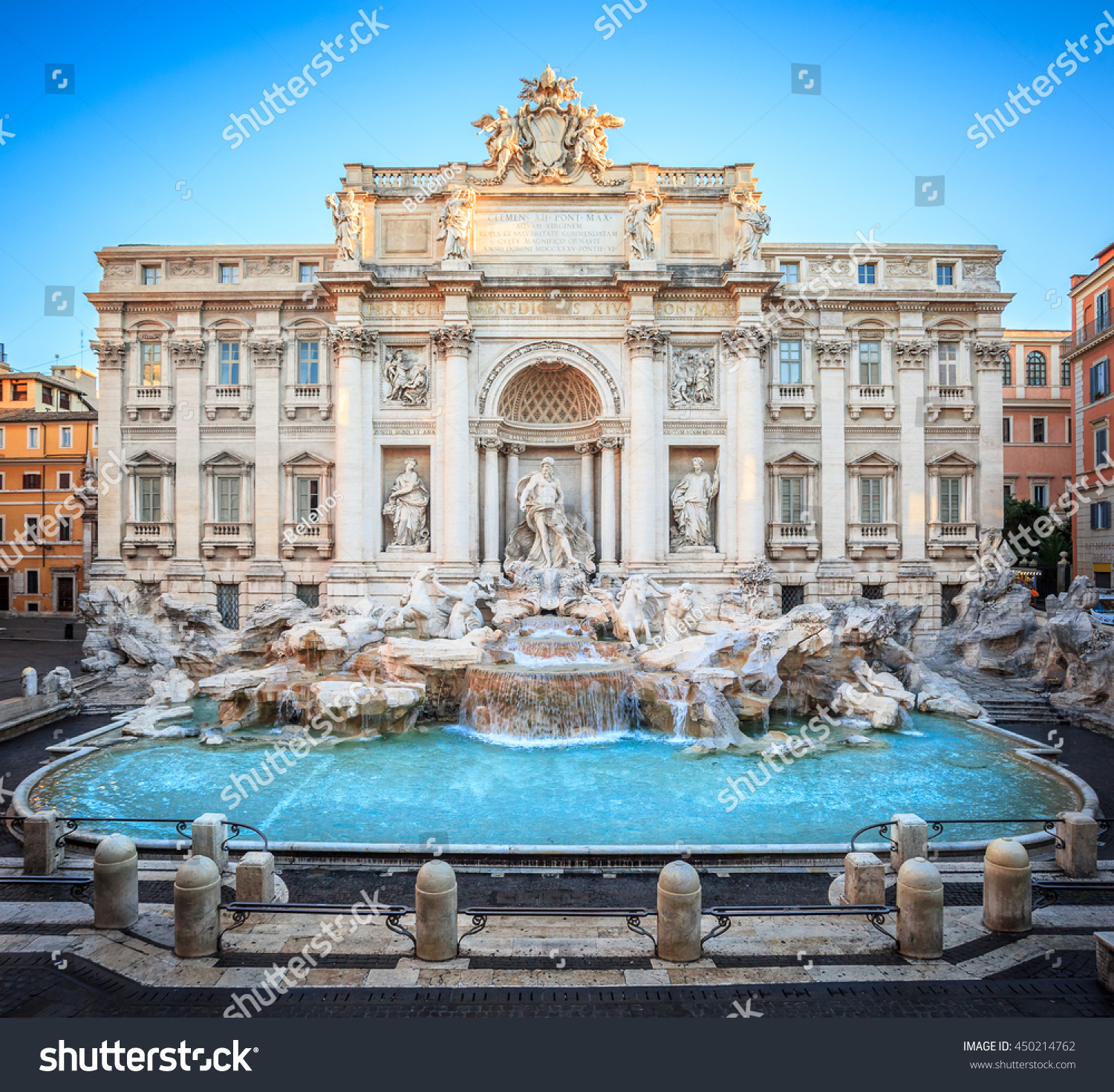 Trevi fountain at sunrise, Rome, Italy. Rome baroque architecture and landmark. Rome Trevi fountain is one of the main attractions of Rome and Italy #450214762