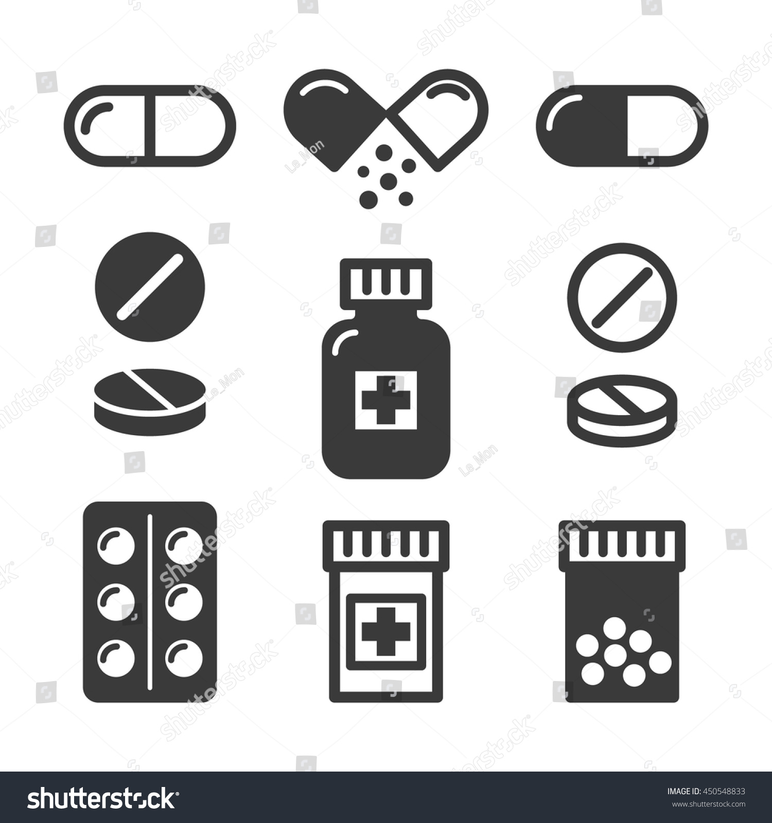 Medical pills and bottles icons set #450548833