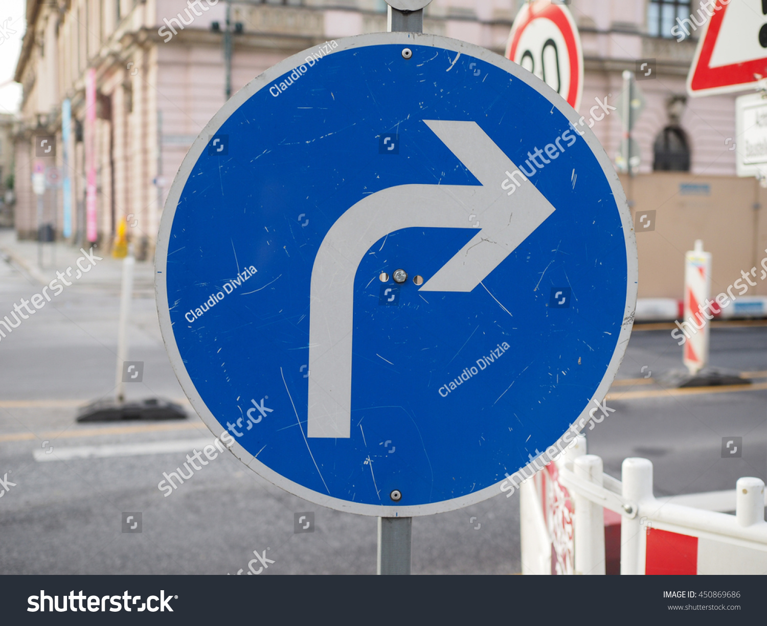 Regulatory signs,  Turn right ahead traffic sign #450869686