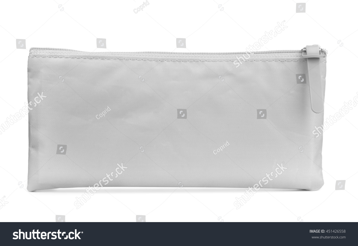 Front view of grey pencil case isolated on white #451426558