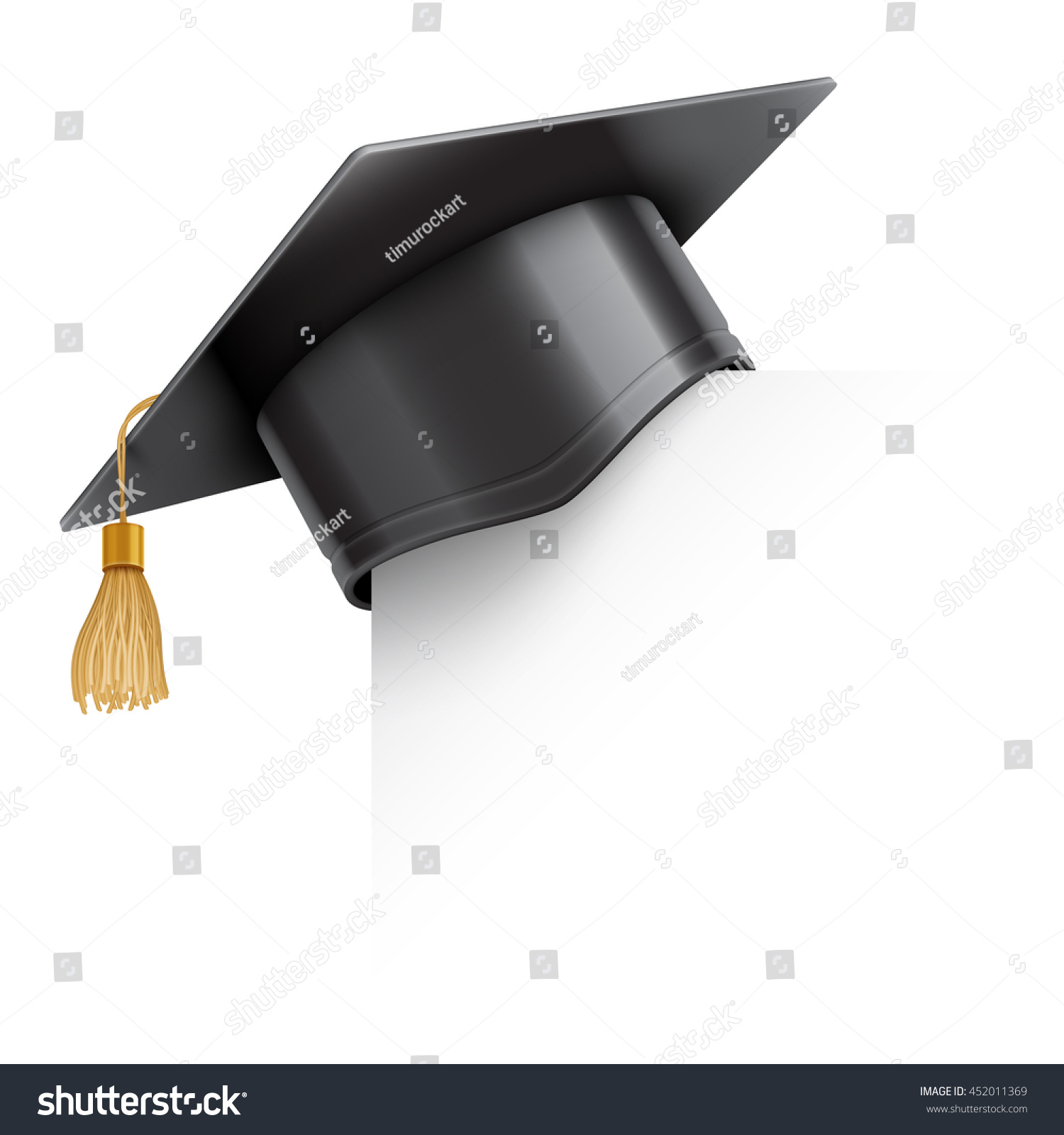 Graduation cap or mortar board on paper corner. Vector education design element isolated on white background #452011369
