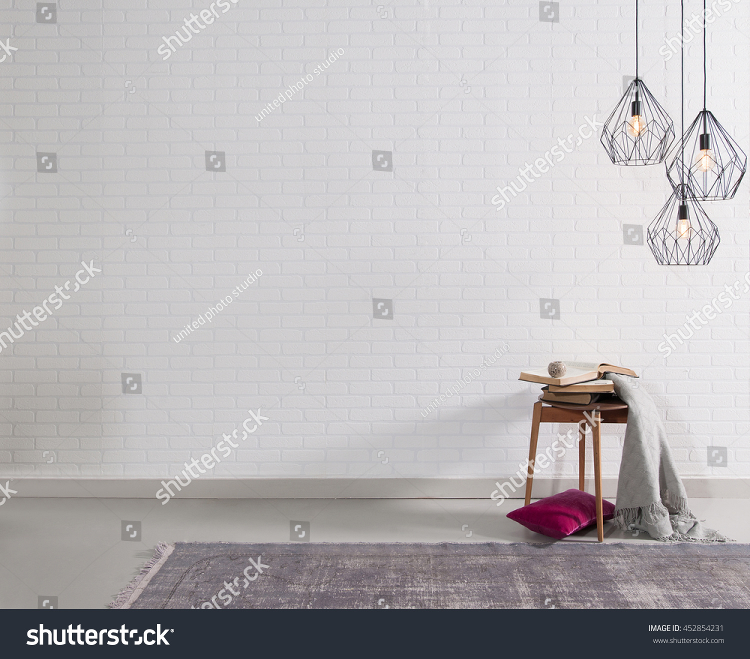 modern brick wall interior purple pillow and lamp decor #452854231