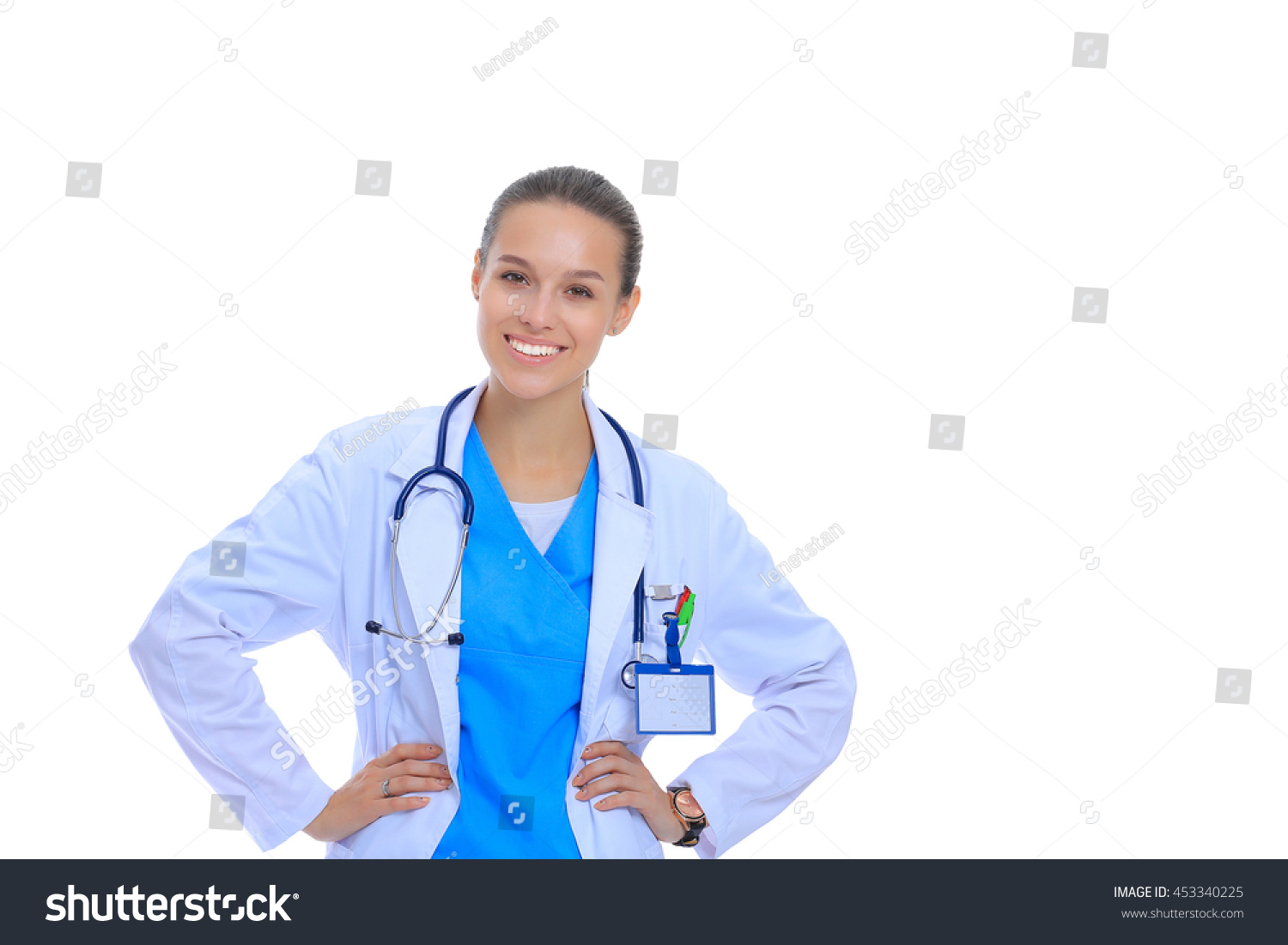 Beautiful caucasian nurse on white background. #453340225