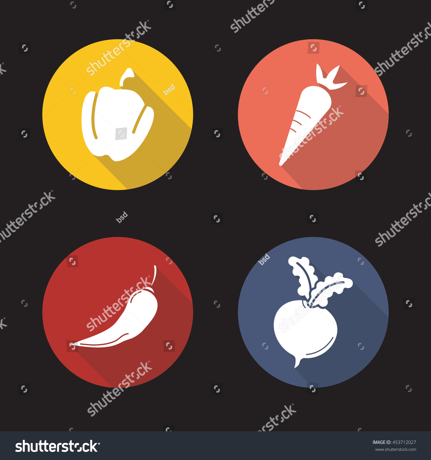 Vegetables flat design long shadow icons set. Capsicum, carrot, hot chili pepper, beet root. Vector symbols #453712027