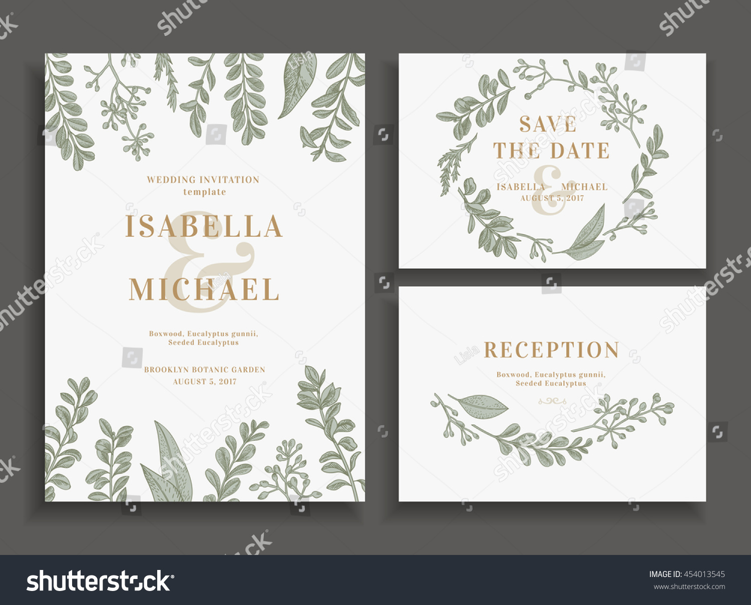 Vintage wedding set with greenery. Wedding invitation, save the date,  reception card. Vector illustration. Boxwood, seeded eucalyptus. Wreath with leaves and twigs.  Engraving style. Design elements. #454013545