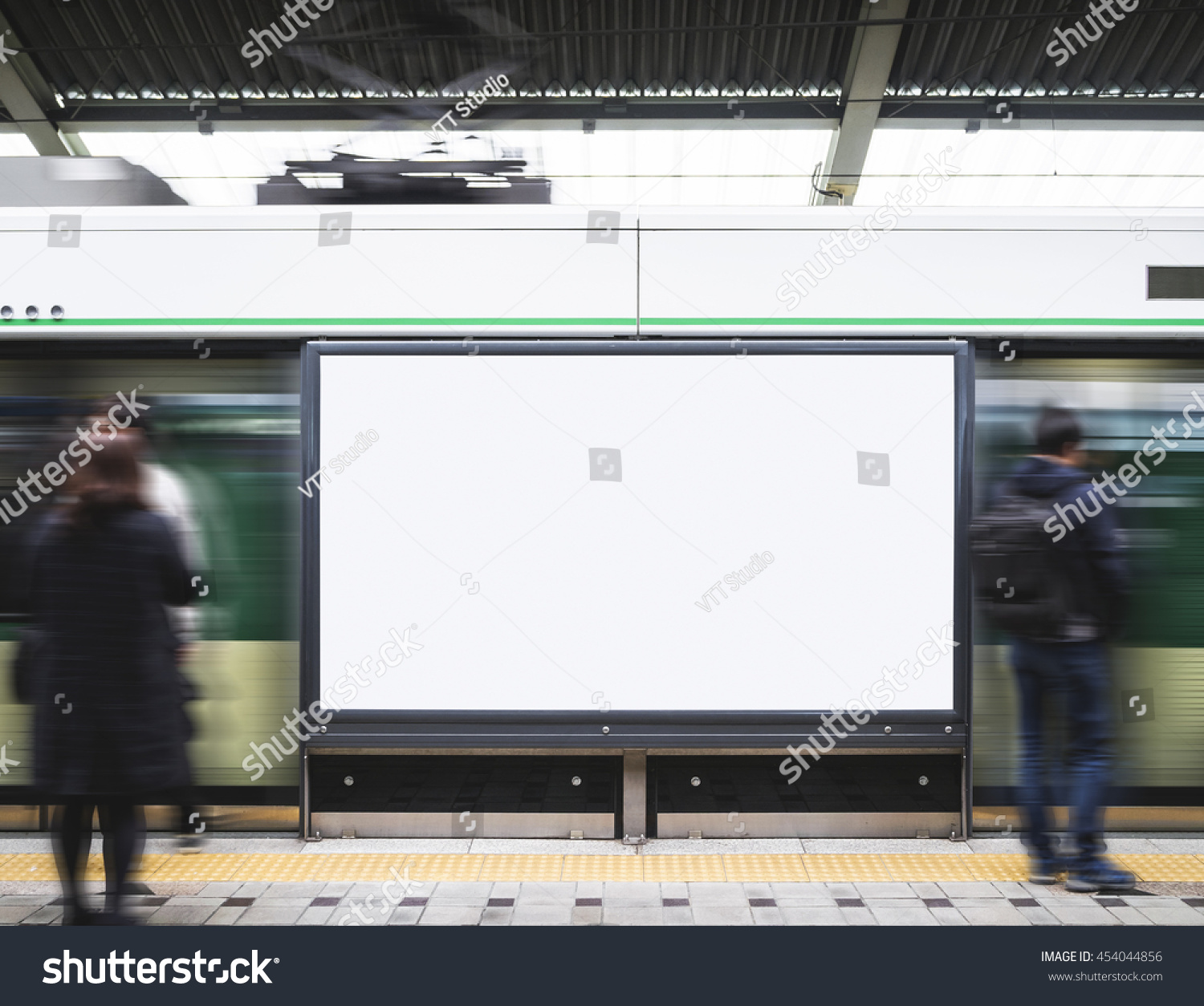 Blank Billboard Banner Light box in Subway station with blurred people Travel #454044856