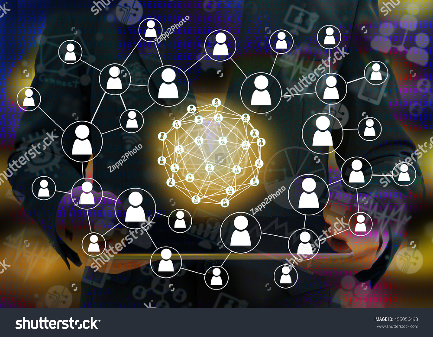 Fintech and Peer-to-peer payment concept. Peer-to-peer payment network icons with abstract man suit holding tablet and digital binary code background. #455056498